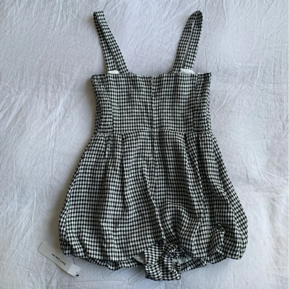 NWT Reformation Lydia Linen Gingham Bubble Hem Romper Remy Check Black White
